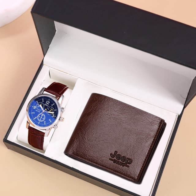 2PCS Men Watch Wallet Set Business Multi Color Round Dial PU Leather Strap Quartz Watches Exquisite Wallet NOBOX