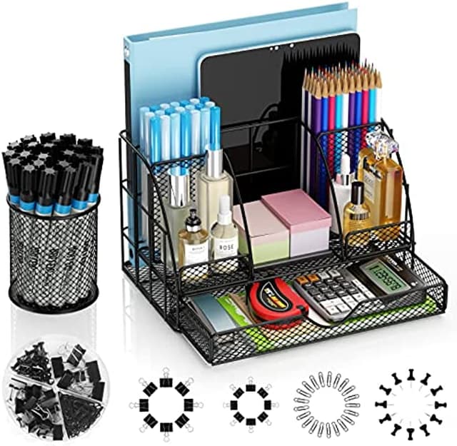 Desk Organizers and Accessories, Office Desk Organizer with 6 Compartments + 1 Large Sliding Drawer + Pen Holder + 72 Accessories, Desk Accessories Organizers for Office, Home, School (Black)