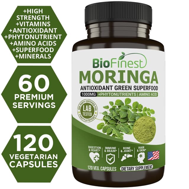 Biofinest Moringa Leaf 1000mg Supplement - Antioxidant Superfood Powder- Energy Skin Blood Sugar Immune (120 capsules)