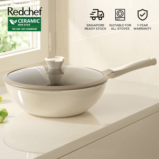 [New Arrival] Honcook Redchef Ceramic Rock Wok With Lid 32/30/28cm Non Toxic, PTFE & PFOA Free- Oven Safe Suitable for All Stove Incl. Induction