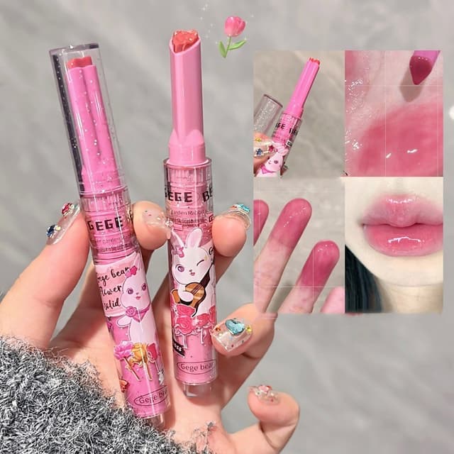 GECOMO Watery Mirror Lip Gloss, Garden Rabbit Lipstick Set, Press-on Lovely Lip Gloss