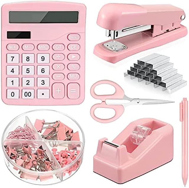 6 Set Desk Accessory Kit Office Supplies Include Cute Stapler Tape Dispenser Ballpoint Pen Binder Clips Paper Clips Scissor and Calculator for Women Girls School Stationery (Pink)