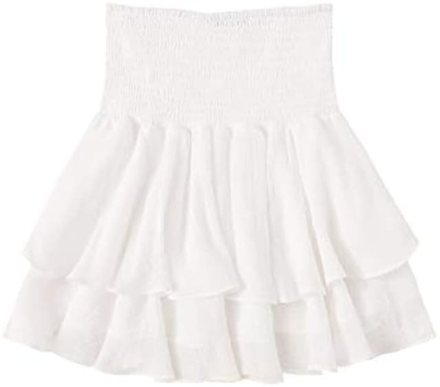 SheIn Women's Solid Shirred High Waist Layered Ruffle Hem Flared Mini Skirt
