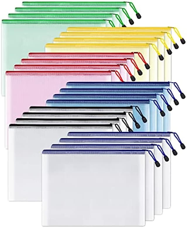 SUNEE Mesh Zipper Pouch 10x14 in (6 Colors, 24 Packs), Extra Large Water-Resistant Zip Bag for School Office Supplies, Puzzles & Games Organizing Storage
