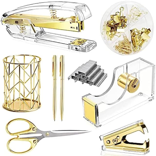Famassi Gold Desk Accessories,Office Supplies Set Acrylic Stapler Set Staple Remover, Tape Holder, Pen Holder, 2 Ballpoint Pen, Scissor, Binder Clips, Paper Clips and 1000pcs Staples.
