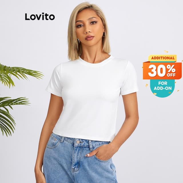 Lovito Casual Plain Crew Neck Basic Tshirt for Woman L18X101 (White/Pink/Blue/Black)