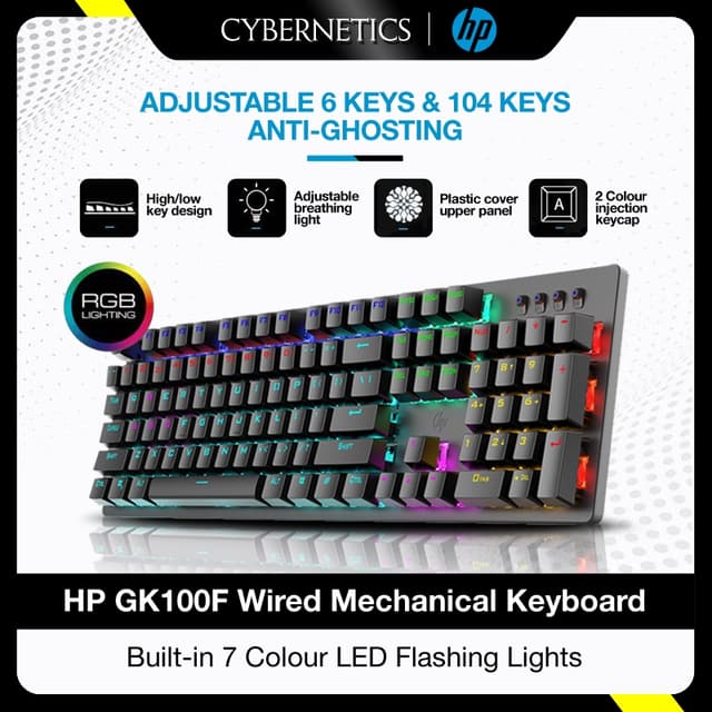 HP GK100F True Mechanical Keyboard Wired 104 Keys Anti-collision Adjustable RGB Backlight Blue Switch For PC Office