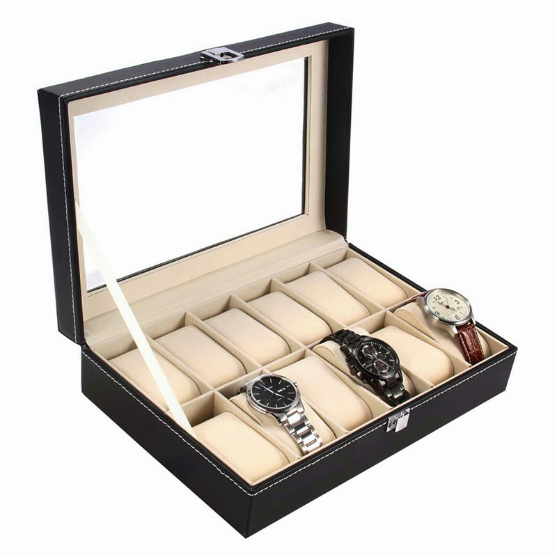12 Slots Glass Top PVC Watch Box Storage Case Jewelry Case Display Box Watch Case isplay Organizer Boxes / Sunglass Storage / Watch Travel Pouch