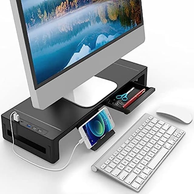 Desk Monitor Stand with Drawer, AQQEF Width Adjustable Monitor Riser with Storage,Laptop and Computer Screen Shelf Organizer with USB3.0 Data Port and TYPE-C Charging Port,Black
