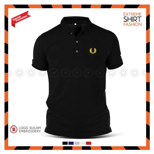 Polo T-Shirt Sulam Freds Perrys Design Logo Emas Gold Baju Lelaki Cotton Embroider Fashion Baju Lelaki Streetwear