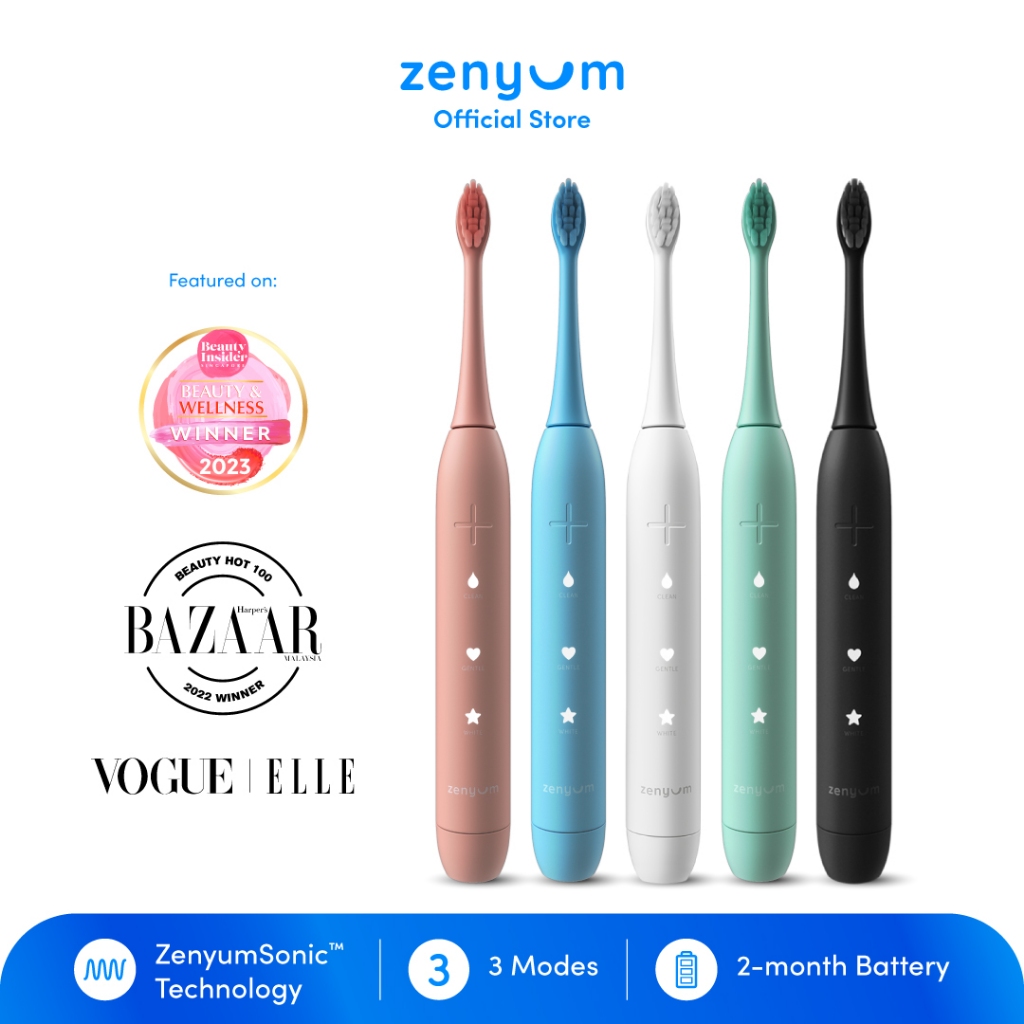Zenyum Sonic Electric Toothbrush - Black/White/Pink/Blue/Green (Designed in Singapore/Sonic Vibrations/1 Year Warranty)