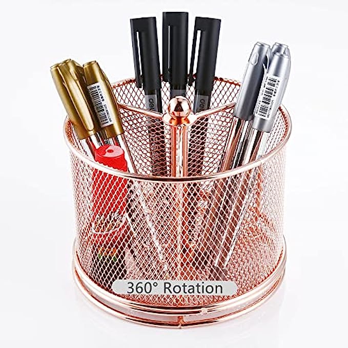 Pen Holder For Desk-360 Degree Rotating Multi Functional Pen Holder-Pencil Holder-Pen Organizer-Mesh Pen Organizer -Pen Storage For Desktop-Office School Home Pen Cup(Rose Gold)
