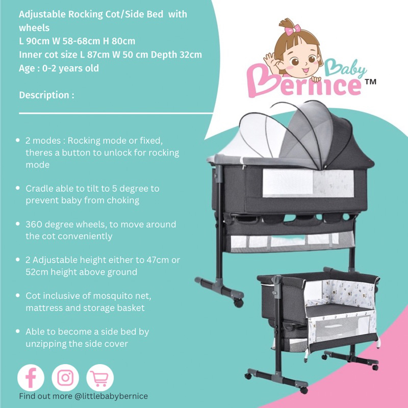 Adjustable Rocking Cot/Side Bed with wheels L 90cm W 58-68cm H 80cm Inner cot size L 87cm W 50 cm Depth 32cm