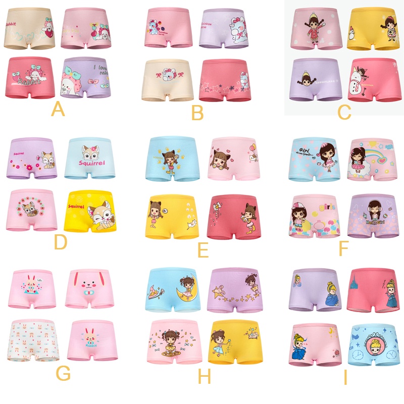 4 PCS In 1 READY STOCK Various Designs Kids Panties Breathable Girl’s Boxer Cartoon Solid Cotton Briefs