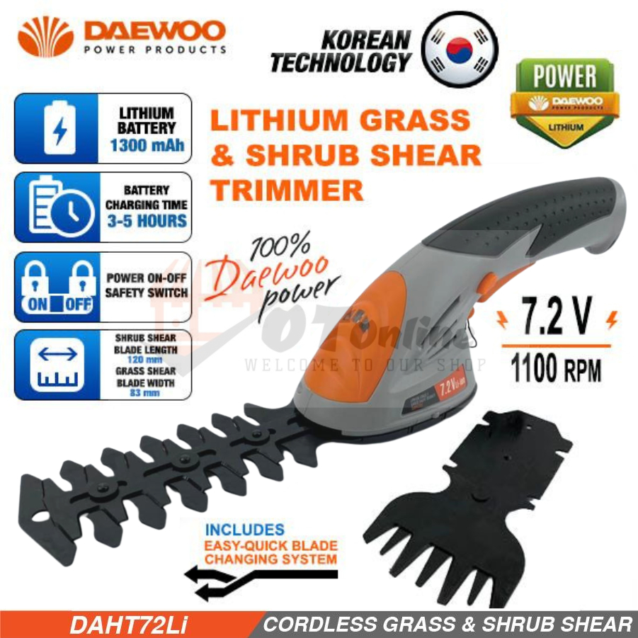 DAEWOO Grass Trimmer 7.2V Cordless Grass & Shrub Shear Hedge Trimmer Rechargeable Garden Grass Cutter