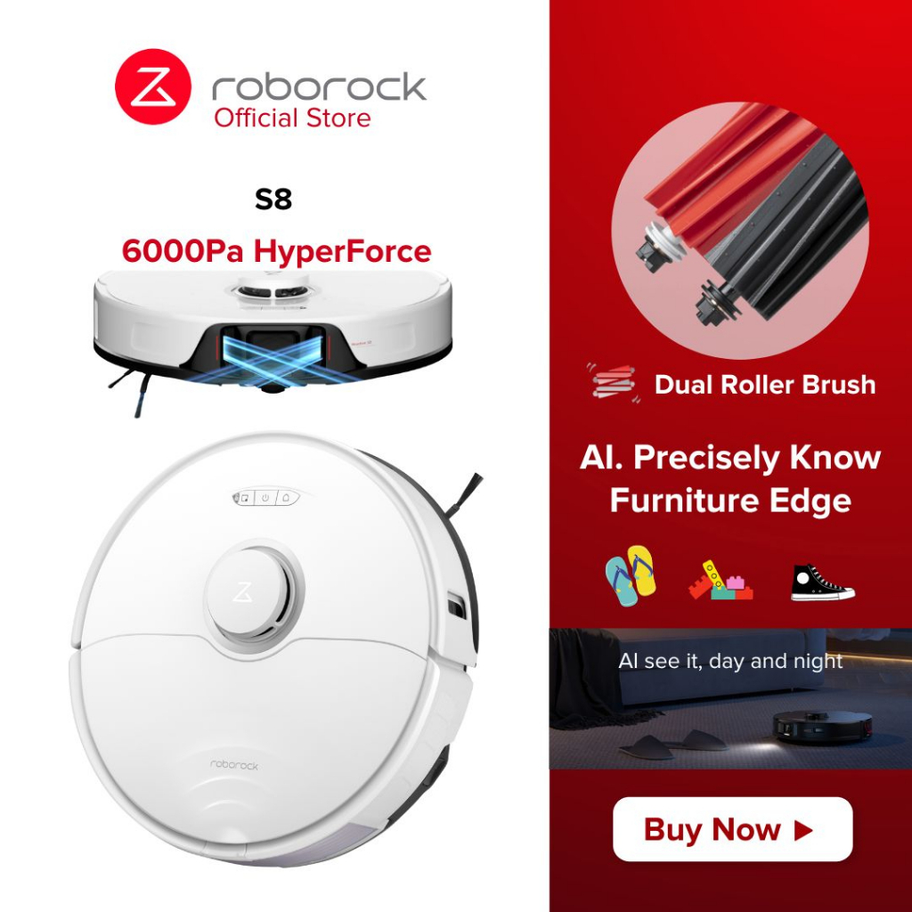 Roborock S8 AI Robot Vacuum HyperForce 6000Pa Dual Roller Brush UltraSonic Mopping Auto Lift Up Mop & Brush