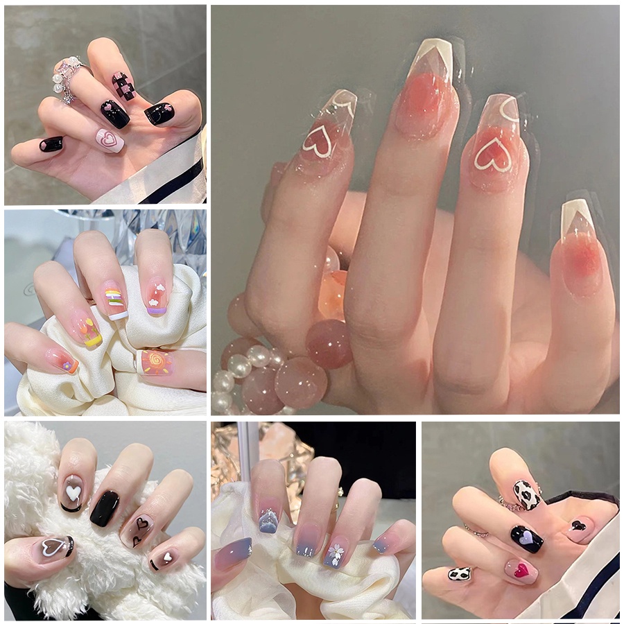 YKHMYB 24 pcs set with glue nails fake nails nail sticker long nail glue art false nails french nail fake nails with design manicure press on nails 假指甲 指甲貼 fake nails press on short nail nail press o