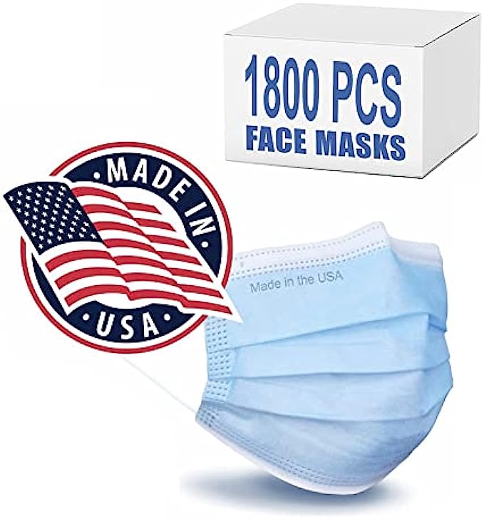 Brightt [1800 pcs] Made In USA ASTM Level 3 Face Mask 4 ply Disposable Masks Facial Cover, Elastic Ear Loops, For Adults & Kids Blue