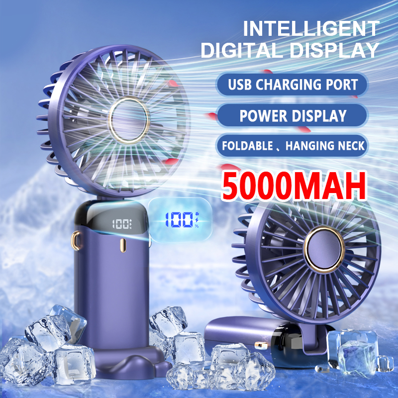 5 Modes handheld fan mini portable foldable small fan digital display office student small fan gift USB charging 5000mA battery(1pcs)