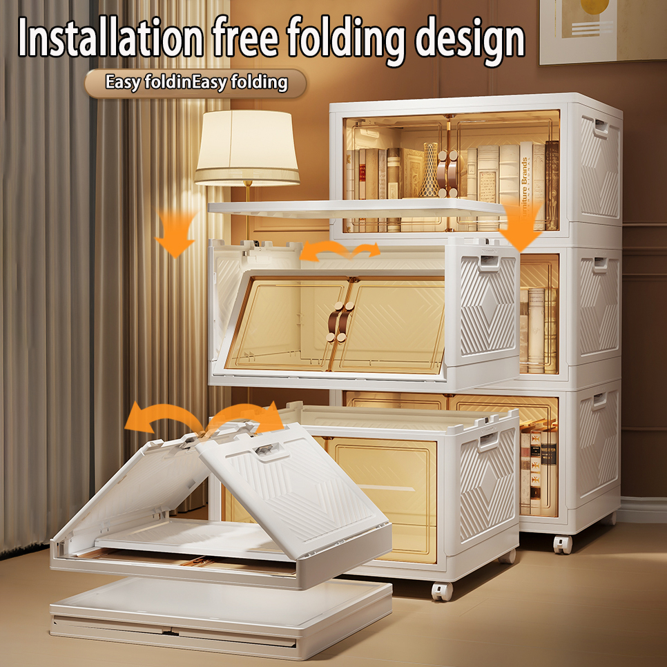 【SG Stock】Folding Storage Box Cupboards Cabinets Transparent Double Door Foldable Home Clothes Snacks Storage Cabinet
