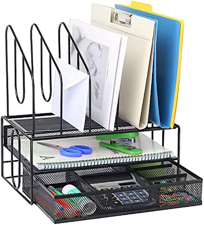 Desk Organizers and Accessories Storage, Desktop File Organizer with Drawer & Paper Tray, Large Office Supplies Organization, Mesh Work Desk Top File Folder Holder for Teacher Back School Gift, Bl