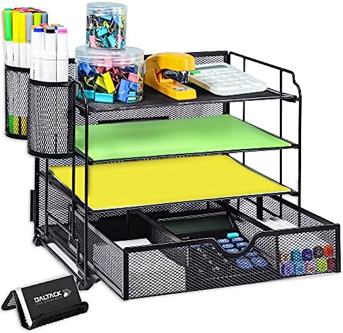 DALTACK 4-Trays Desktop File Organizer with Pen Holder,Letter Tray Paper Organizer with Drawer and Pen Holders,Black Mesh Office Supplies File Holder,Desk Organizer for Office School Home