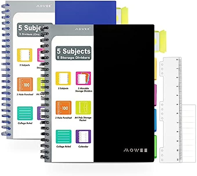 MOWEE 5 Subject Notebook, 2 Pack College Ruled Notebook with Storage Divider Pockets, Index Tabs, 11" Ruler, 200 Pages, for School, Business, Office Supplies, 8.1''x11.7''(211