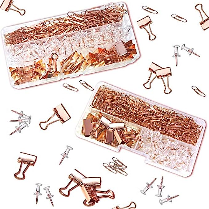 208 PCS Rose Gold Desk Accessory Push Pins Binder Clips Paper Clips Standard Size Office Supplies Kit Set with Storage Box(Small Pack)
