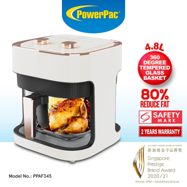 PowerPac Air Fryer 4.8L with Tempered Glass Basket (PPAF345)