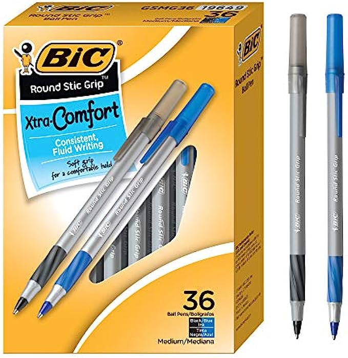 BIC Round Stic Grip Xtra Comfort Ballpoint Pen, Medium Point (1.2mm), Black & Blue, Soft Grip For Added Comfort And Control, 36-Count