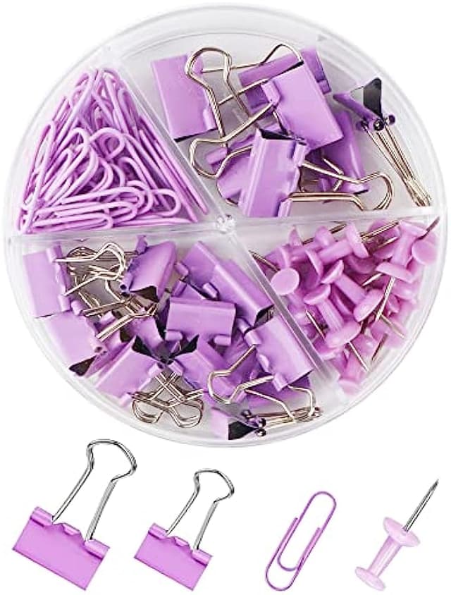 Creechwa Purple Binder Clips and Paper Clips Push Pins Tacks Sets, Total 72 PCS Assorted Sizes Office Supplies Set for Women, Student, School, Home & Desk Supplies