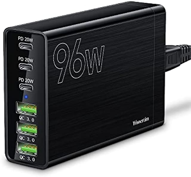 USB C Charger, Wuoertim 96W 6 Port USB C Charging Station, Portable Multiport USB C Wall Charger PD Fast Adapter with 3 USB-C Ports +3 USB-A Ports for iPhone 13 12 Pro Max, iPad Series, Samsung Galaxy