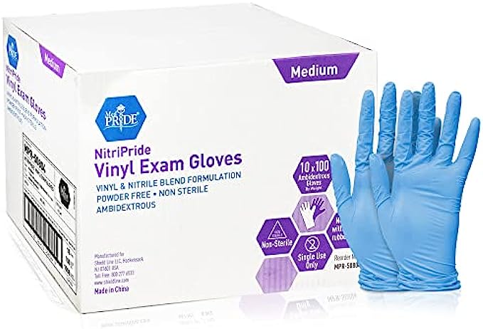 Med PRIDE NitriPride Nitrile-Vinyl Blend Exam Gloves, Medium 1000 - Powder Free, Latex Free & Rubber Free - Single Use Non-Sterile Protective Gloves for Medical Use, Cooking, Cleaning & More