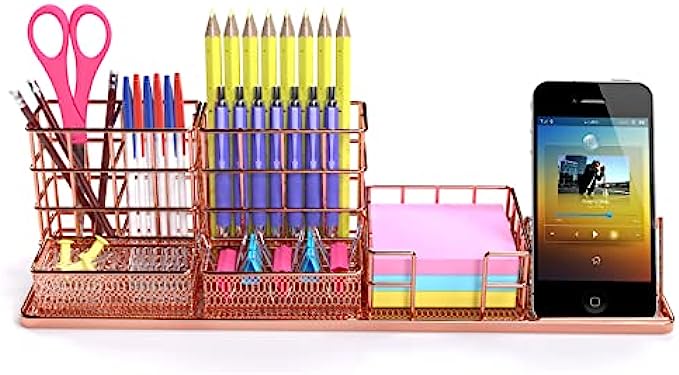 YOUHODA 7 in 1 Desk Organizers, DIY Desk Accessories & Workspace Organizers, Adjustable Desktop Organization, Mesh Office Supplies Caddy, Rose Gold