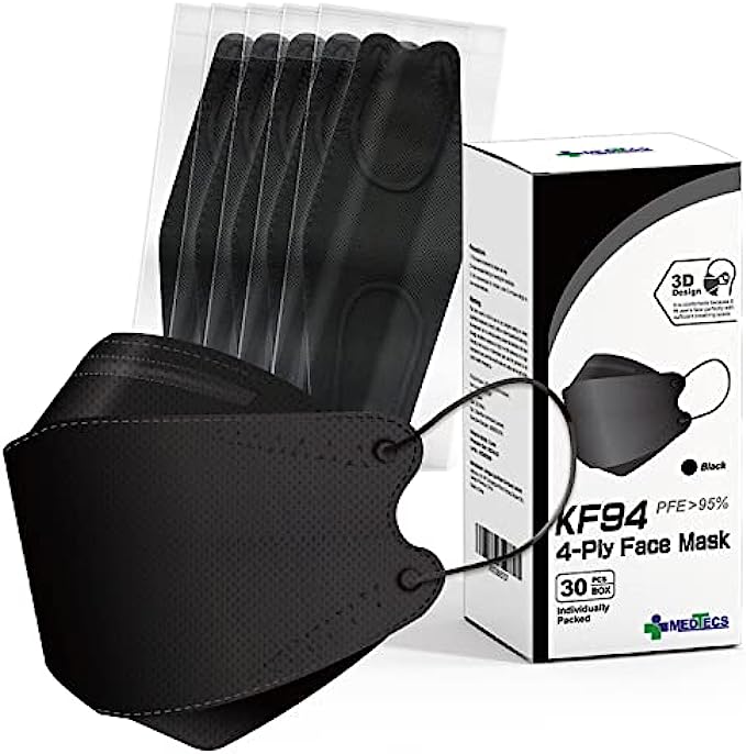 Medtecs KF94 Mask - 30 PCS - Korean Imported Filter - Individually Wrapped - 4 Ply Breathable Comfortable Safety Mask - 3D Structure for Larger Breathing Space & Makeup Friendly - Black