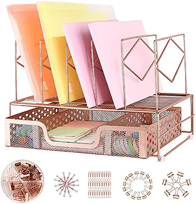 Spacrea Rose Gold Desk Organizers - File Organizer Desk Accessories with 5 Vertical File Folder Holders & Sliding Drawer, Office Supplies for Workspace College Dorm Home(Binder Clips Included)