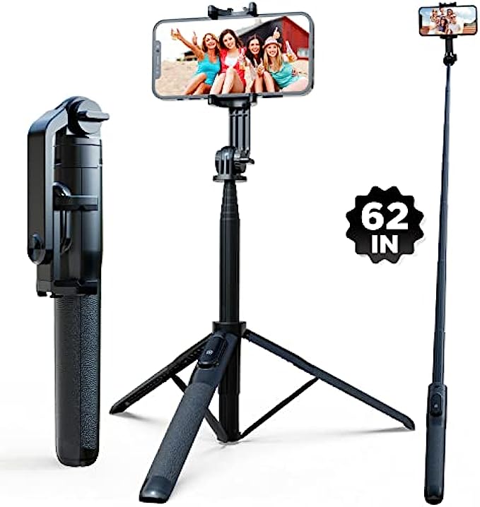 62" Selfie Stick, Extendable Selfie Stick Tripod with Wireless Remote, Portable & Lightweight Phone Holder for Video Recording, Selfies, Vlog, YouTube and TikTok, Phone Tripod Fit for All Cel