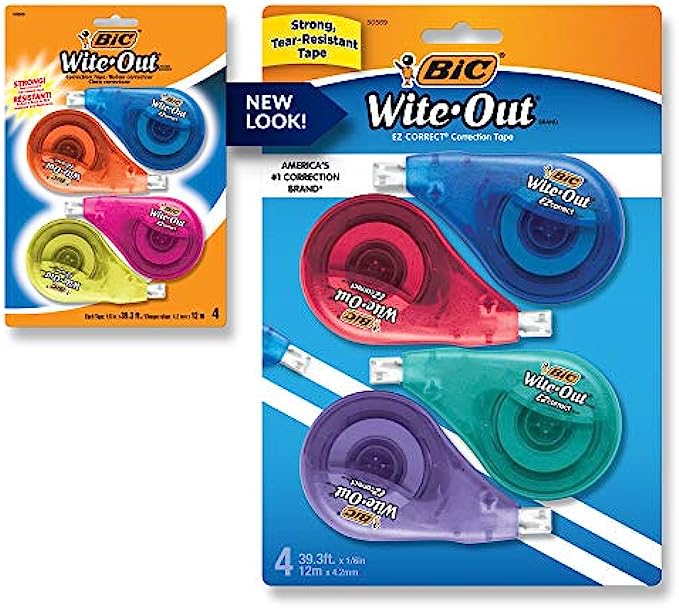 BIC Wite-Out Brand EZ Correct Correction Tape - Applies Dry, White, Clean & Easy To Use, Tear-Resistant Tape, 4-Count, Dispenser colors may vary