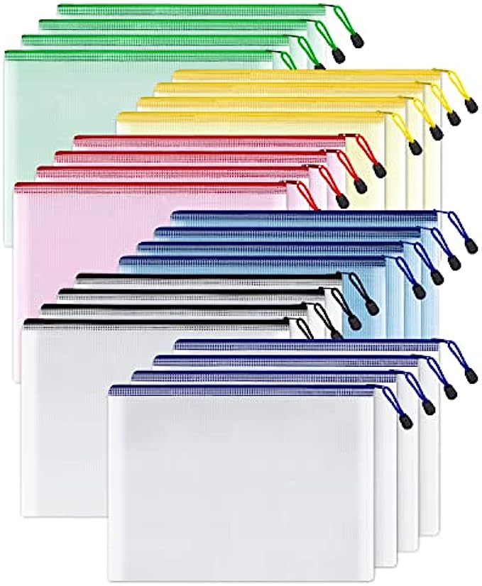 SUNEE Mesh Zipper Pouch 10x14 in (6 Colors, 24 Packs), Extra Large Water-Resistant Zip Bag for School Office Supplies, Puzzles & Games Organizing Storage