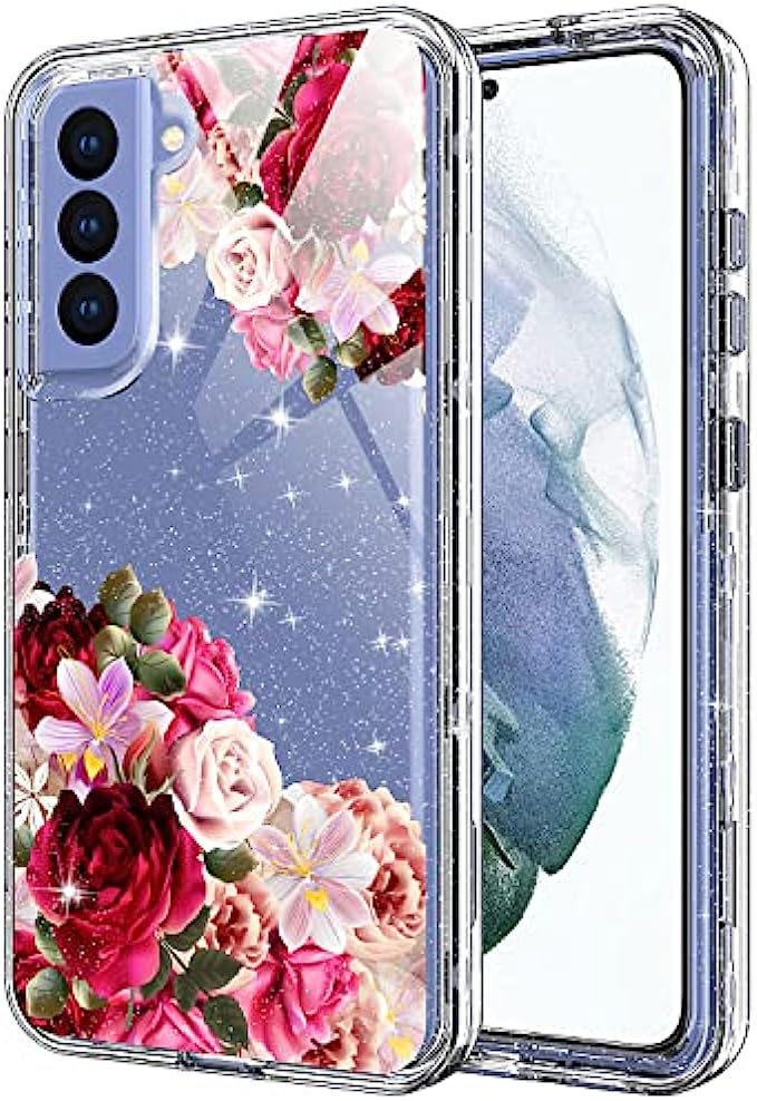 KJSK Case for Samsung S21 Fe,Heavy Duty Impact Resistant Floral PC Back Case + Sturdy TPU Cover and Front Cover Full Body Protective Cover for Samsung Galaxy S21 Fe 5G 2022