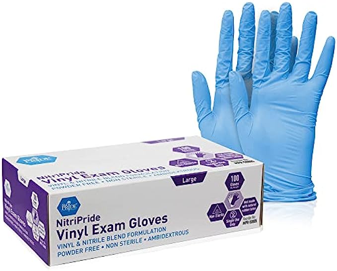 Med PRIDE NitriPride Nitrile-Vinyl Blend Exam Gloves, Large 100 - Powder Free, Latex Free & Rubber Free - Single Use Non-Sterile Protective Gloves for Medical Use, Cooking, Cleaning & More