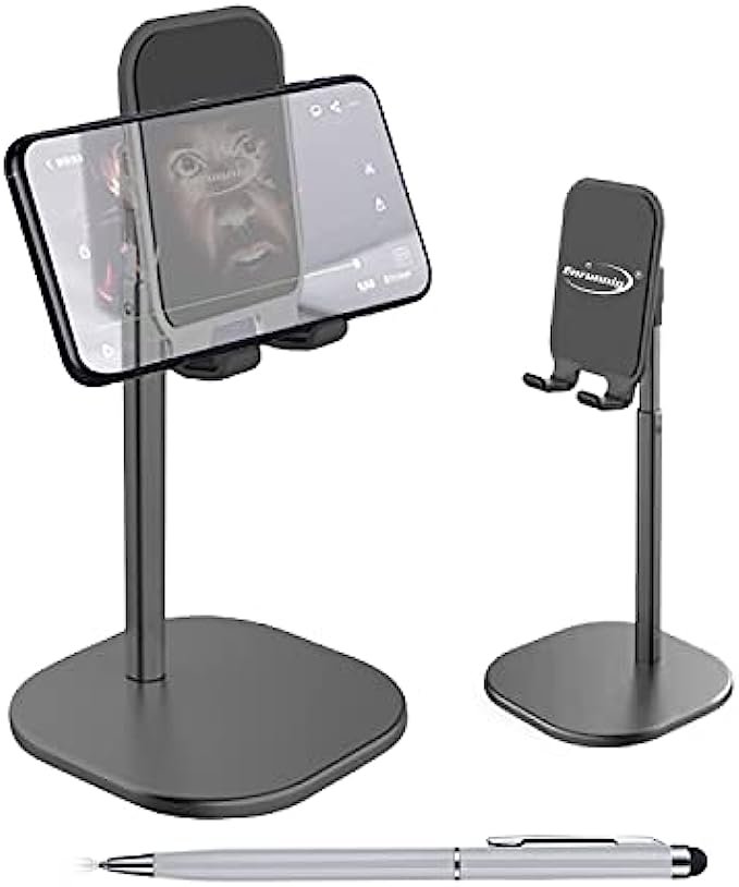 Cell Phone Stand, Phone Stand for Desk, Height Angle Adjustable Mobile Phone Holder, Aluminum Weighted Base Compatible with iPhone 13 Pro XS XR, 4-10'' Cellphone & Tablet