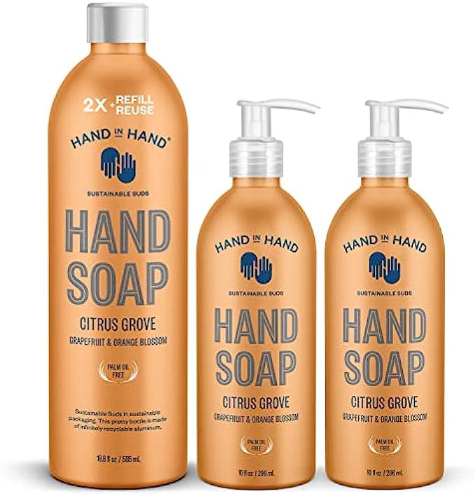Hand in Hand Nourishing Liquid Hand Soap 19.8 Fl Oz. Refill + 10 Fl Oz. Twin Pack, Grapefruit & Orange Blossom, Citrus Grove Scent