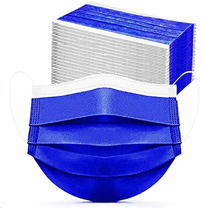 Face Mask 100pcs Royal Blue Disposable Masks Breathable 3 Layer Dust Masks Mouth Cover with Elastic Ear Loop for Adult Men & Women