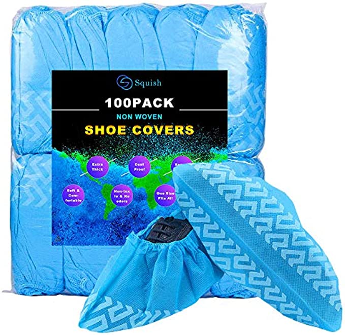 squish Shoe Covers Disposable Non Slip, 100 Pack (50 Pairs) Non Woven Fabric Boot Covers for Indoors Breathable Slip Resistant Durable Boot&Shoes Cover, One Size Fits All Blue
