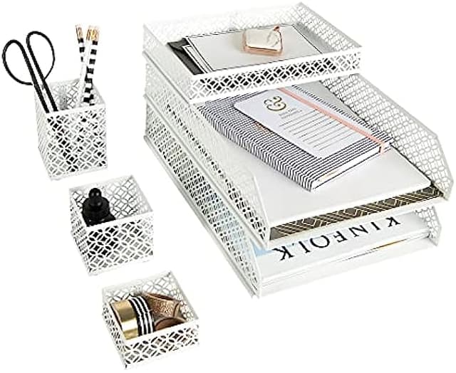 Blu Monaco Office Supplies White Desk Accessories for Women-6 Piece Interlocking Stylish Desk Organizer Set- Pen Cup, 3 Accessory Trays, 2 Letter Trays-White Office Paper Tray Holder