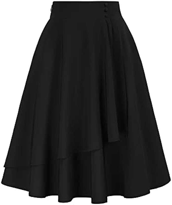 Belle Poque Wome's Vintage Ruffle Midi Skirts Elastic High Waisted Flowy A-Line Wrap Skirt with Pockets&Buttons