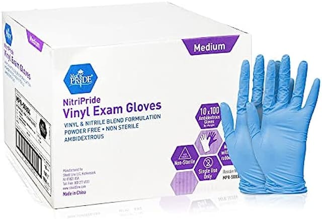Med PRIDE NitriPride Nitrile-Vinyl Blend Exam Gloves, Medium 1000 - Powder Free, Latex Free & Rubber Free - Single Use Non-Sterile Protective Gloves for Medical Use, Cooking, Cleaning & More