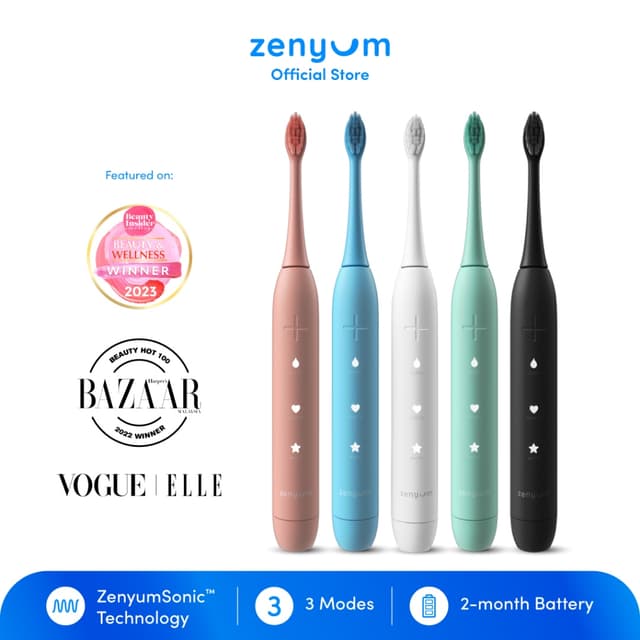 Zenyum Sonic Electric Toothbrush - Black/White/Pink/Blue/Green (Designed in Singapore/Sonic Vibrations/1 Year Warranty)
