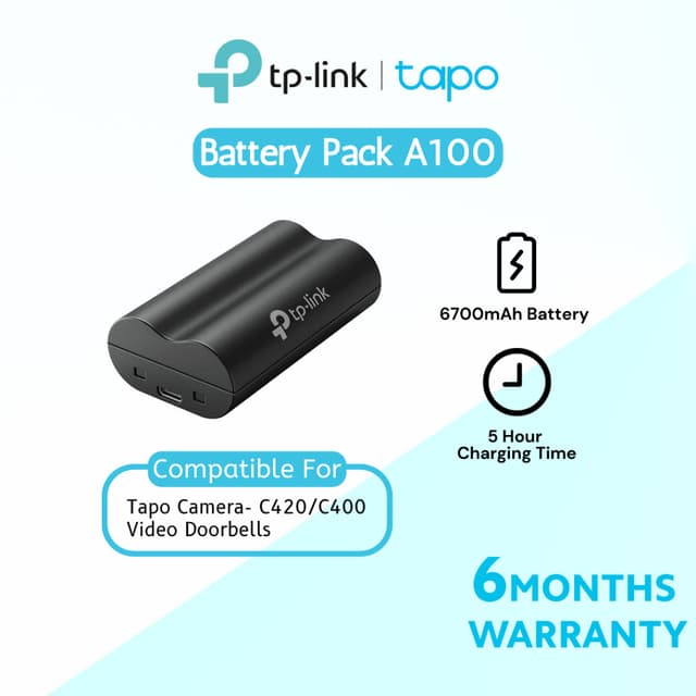 TP-Link Tapo A100 6700mAh Battery Pack | 5 hour Charging Time | 6-way protection | Compatible with Tapo Camera Tapo C420
